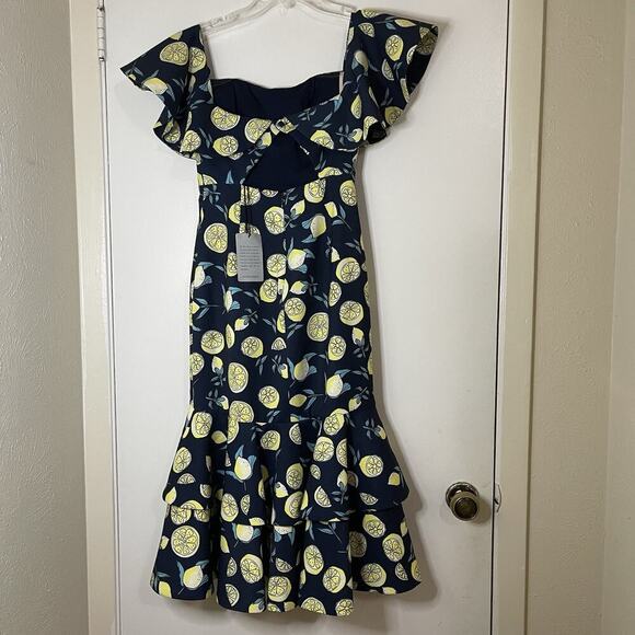 NEW! Fame and Partners Sasha Off the Shoulder Dress in Lemon Print size US 0 - Picture 8 of 10